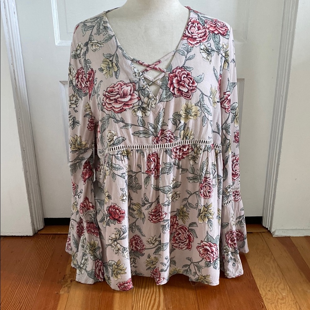 Mystree Pink Floral‎ Long Sleeve Blouse with Criss Cross Front Large